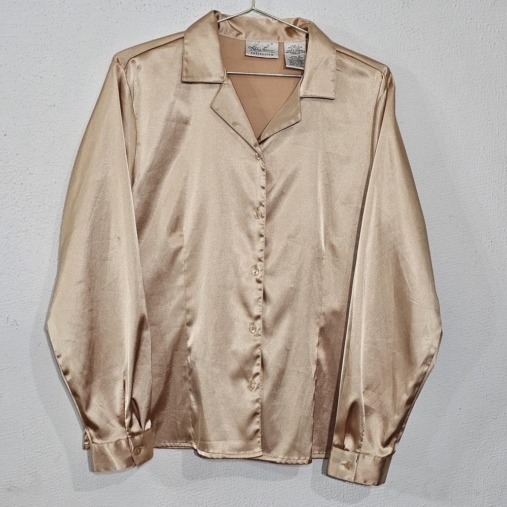 Vintage 80s Kathy Lee Collection Silky Blouse Sz L Shirt Preppy Academia Gold